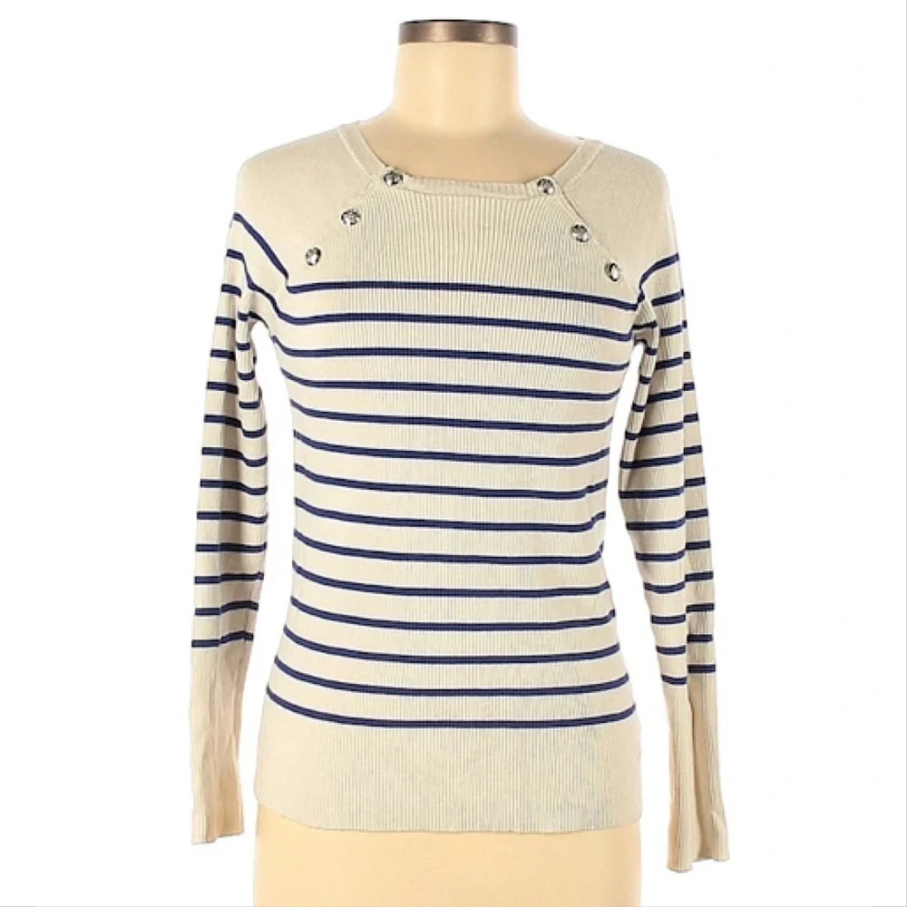 Ralph Lauren Sailor Navy Striped Ribbed‎ Sweater With Silver Button Front Detail